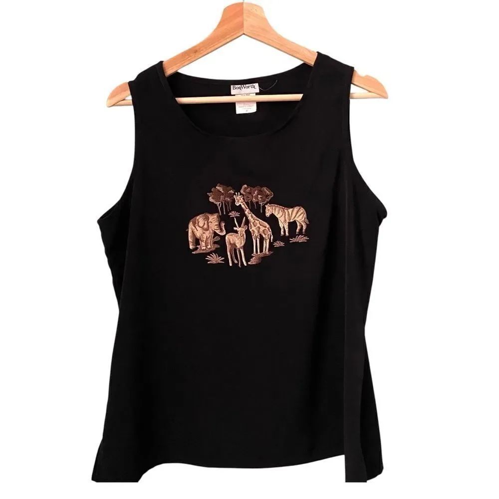 Vintage Bon Worth Black Sleeveless Top with Safari Animal Print in Size Medium